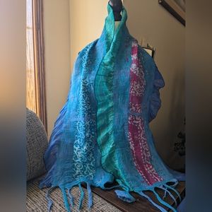 Pomegranate Moon Blue Teal Pink Handmade Nepal Felted Wool Silk Scarf Tassels